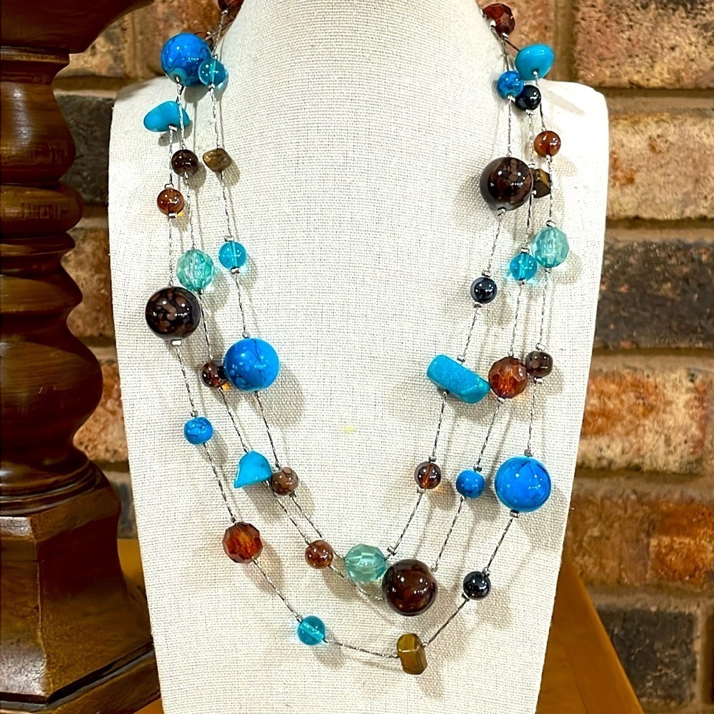 Vintage Opera Length glass, resin, and stone beads on silver tone chain
